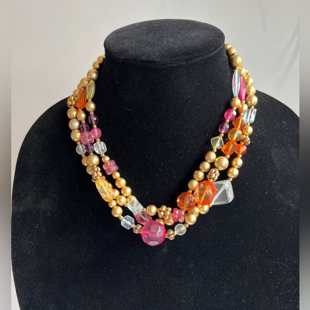 Women’s Beautiful Three Layered Gold Beaded Necklace with multi colored beads.